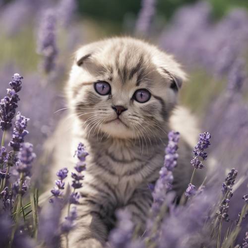 Ein Scottish Fold-Kätzchen ruht sich in einem Lavendelfeld aus, seine runden Augen sind geschlossen, und genießt den ruhigen Sommernachmittag.