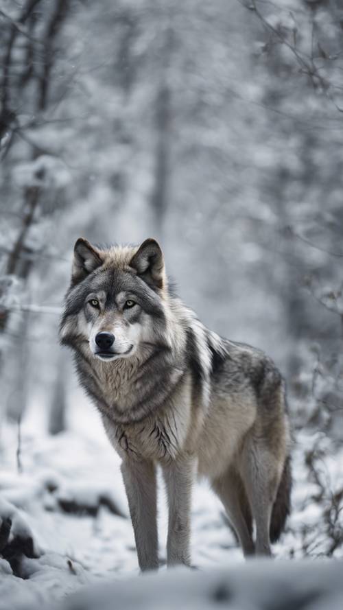 A wild timber wolf in light gray, prowling through a dense snowy forest.