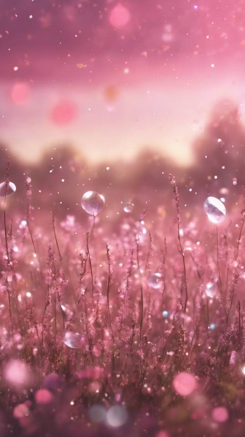 A surreal illustration of a meadow with magical transparent pink clouds raining glitter.