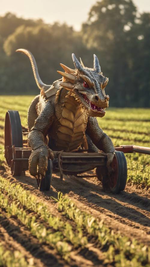 A humble farmer's dragon pulling a plow through the fields under the bright noontime sun.