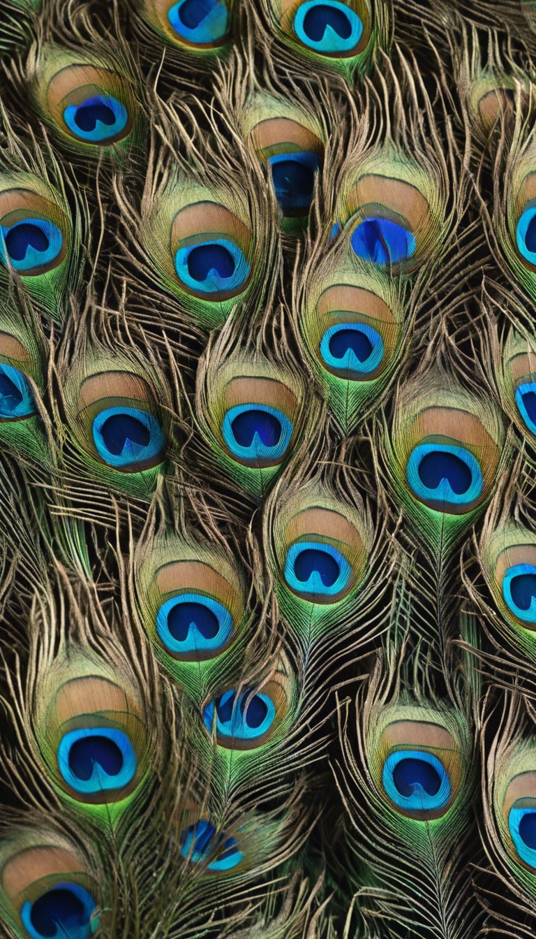 Subtle peacock feathers arranged neatly in a repeating pattern. Wallpaper[25ad65851a0f4af3b607]