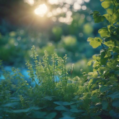 Spokojna sceneria botaniczna, skąpana w delikatnym blasku zmierzchu, harmonijna zieleń łącząca się z chłodnym błękitem.
