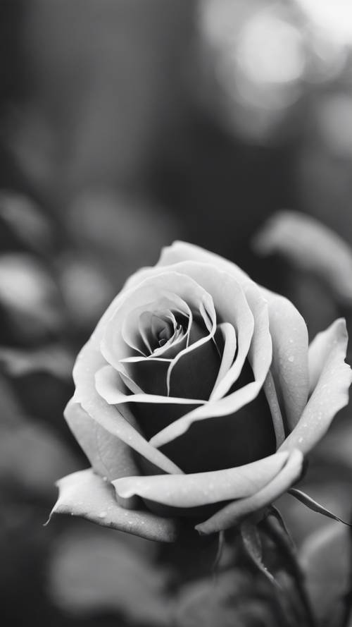 Một bông hồng trang nhã duy nhất có màu đen và trắng tuyệt đối, với độ tương phản sắc nét làm nổi bật những cánh hoa mỏng manh của nó.