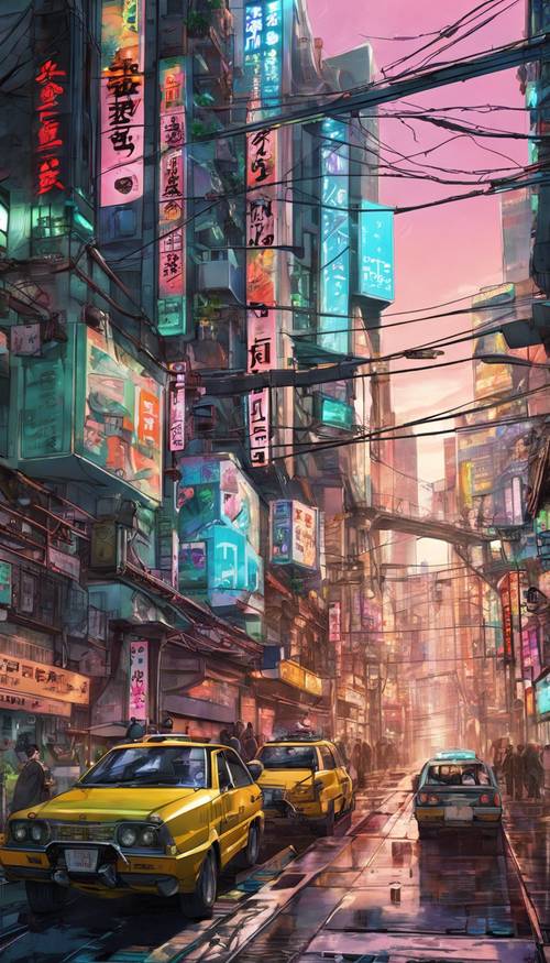 Eine fantastische Anime-Szene der Skyline von Tokio kombiniert mit einem futuristischen Cyberpunk-Thema.