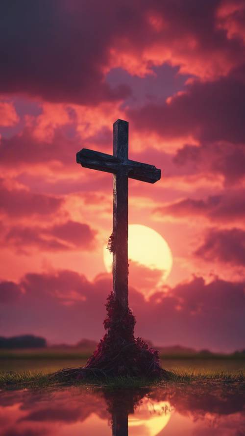 Sebuah salib berdiri melawan warna merah tua di langit matahari terbenam.