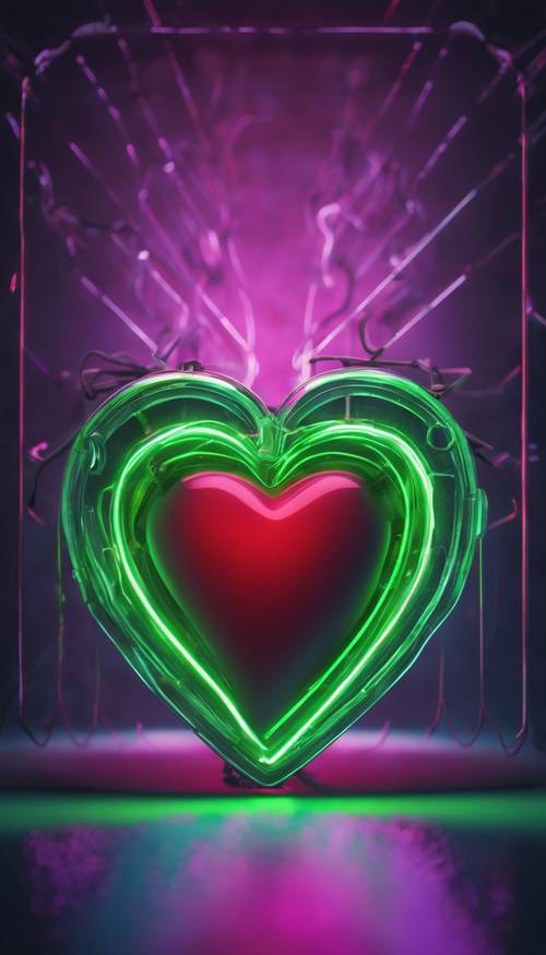 Illustrazione di un cuore verde neon luminoso su uno sfondo scuro.