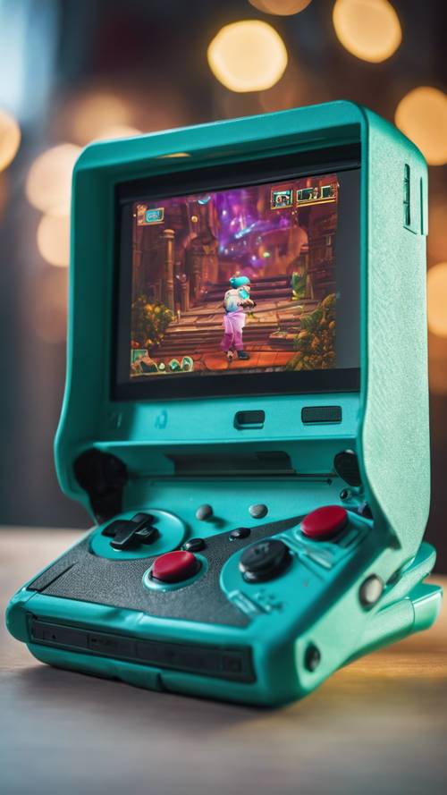Gambar cerah dari konsol game genggam dengan casing berwarna biru kehijauan yang berkilau. Layar menampilkan adegan permainan fantasi yang hidup dan penuh petualangan.