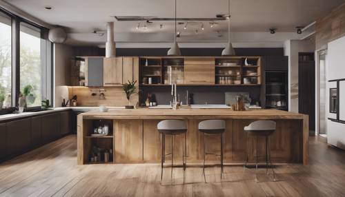 Una cocina de concepto abierto con una gran isla de madera y electrodomésticos de última generación.
