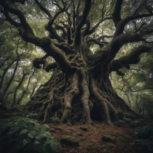 Un albero massiccio e antico che si staglia tra i suoi coetanei nel cuore di una foresta oscura.