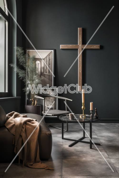 Dunkle und elegante Raumgestaltung mit Kreuz und Kunstwerk