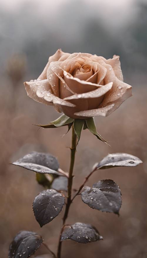 A single, pristine brown rose in full bloom against a gentle, misty morning backdrop.