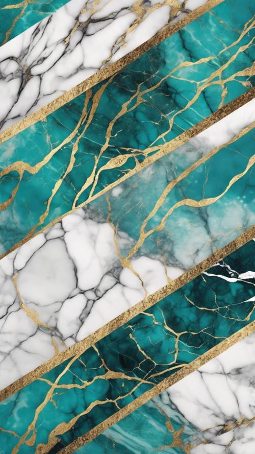 An intricate pattern of teal and white marble with gold streaks.