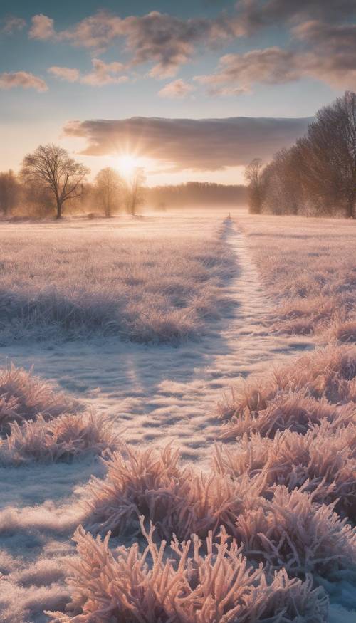 Ein leuchtender, pastellfarbener Sonnenaufgang, der lange Schatten auf eine frostige Landschaft wirft.