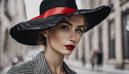 빨간 리본이 달린 검은 줄무늬 모자를 쓴 우아한 여성.
