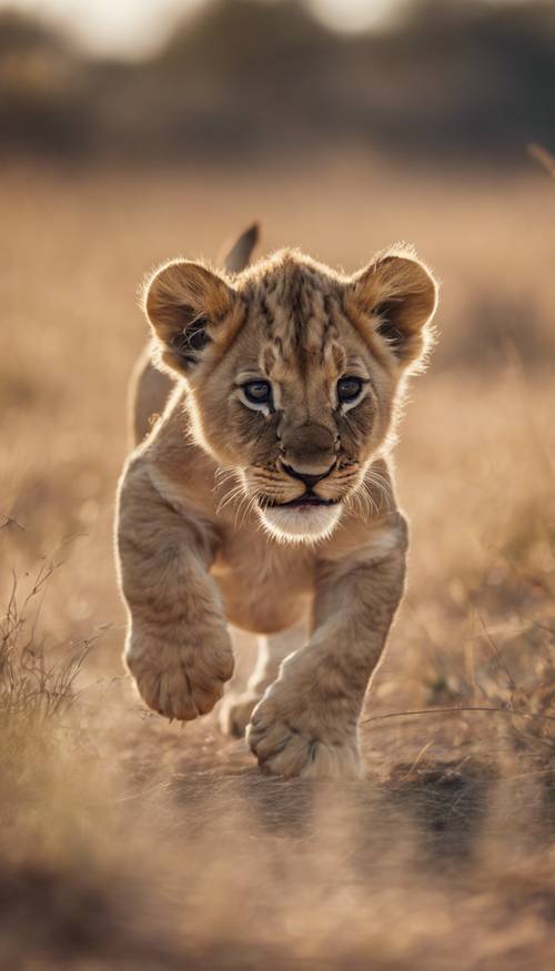 一只活泼的小狮子在非洲大草原上嬉戏。