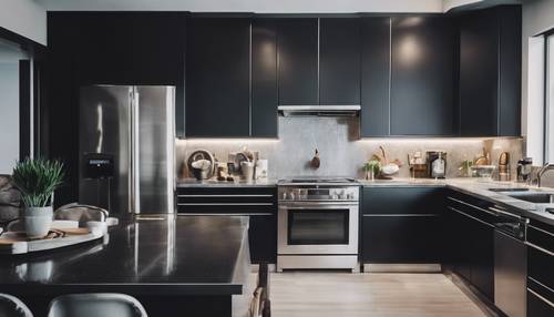 Temiz hatlara ve paslanmaz çelik aletlere sahip modern siyah bir mutfak
