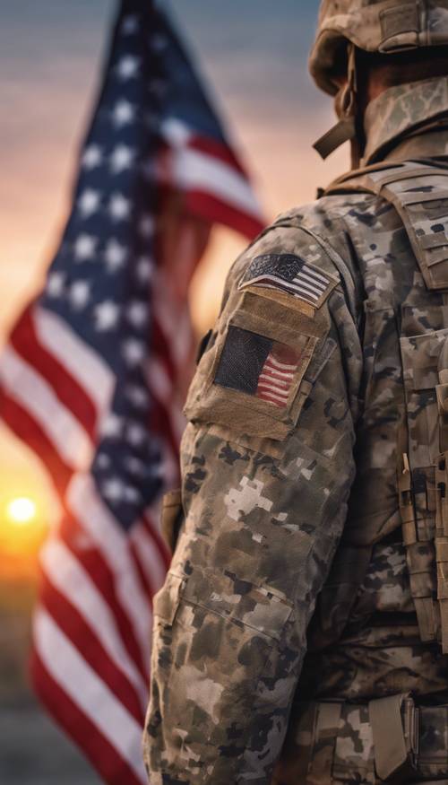 Una bandera estadounidense camuflada en el uniforme de un soldado, vista justo al amanecer.