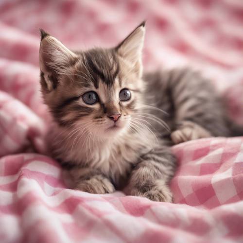 かわいい子猫がピンクのチェック柄のクッションに寝そべる