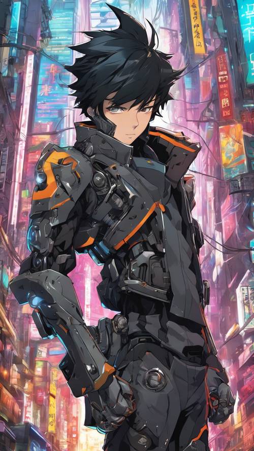 Энергичный аниме-мальчик с колючими черными волосами, одетый в футуристический костюм робота на фоне киберпанковского города.