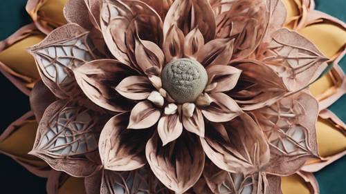 Une fleur bohème surdimensionnée, remarquable pour ses motifs géométriques complexes, utilisée comme décoration murale dans une maison moderne.