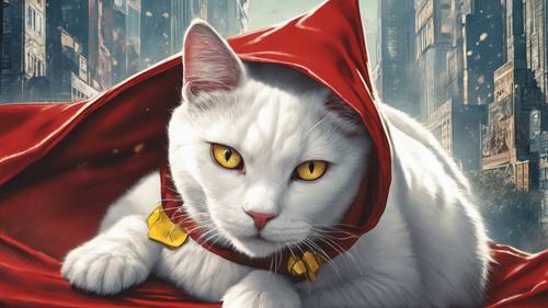 Une couverture de bande dessinée vintage représentant un chat blanc super-héros dans une cape écarlate, ses yeux jaunes saisissants brillants.