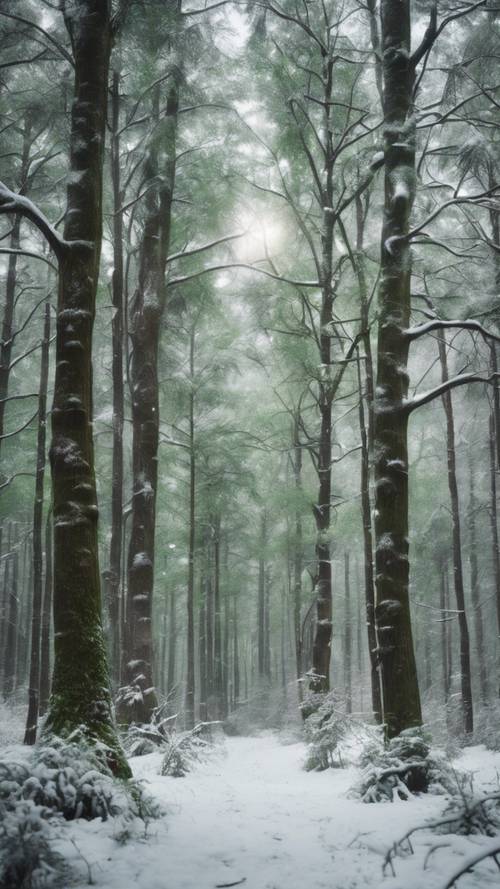 A serene forest scene with tall, lush green trees slightly dusted with winter's first snow.