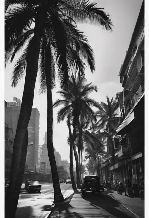 Hareketli bir cadde boyunca siyah palmiye ağaçlarıyla bezeli, noir temalı bir şehir manzarası.