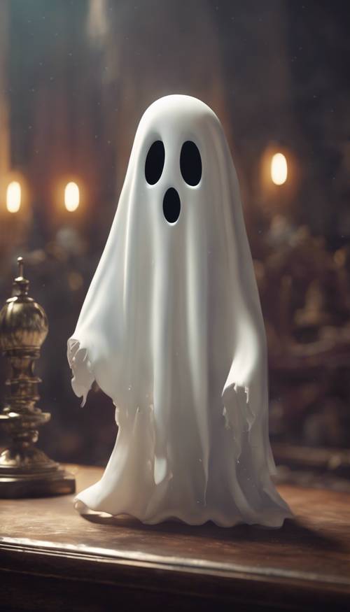 An adorable cartoon-like ghost with a mischievous smile on its face, floating in a haunted mansion.