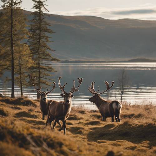 Wilde Rentiere grasen an einem ruhigen Fjord unter dem frühen Morgenhimmel