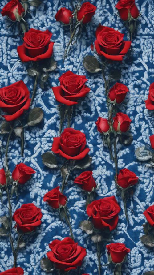 Perçinleyici mavi desenlerden oluşan bir fon üzerinde kırmızı güllerden oluşan detaylı bir duvar halısı.