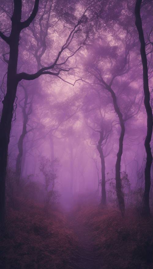A whimsical forest with a dusky, purple-tinted sky. The trees are shrouded in creeping tendrils of mist.
