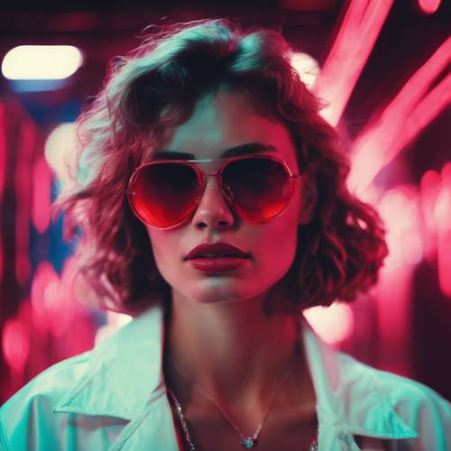 Retrato retrô do estilo dos anos 80 de uma mulher em óculos de sol iluminado por luzes de néon vermelhas frescas.