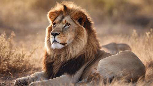 A close-up portrait of a regal lion pride resting in the savannah.