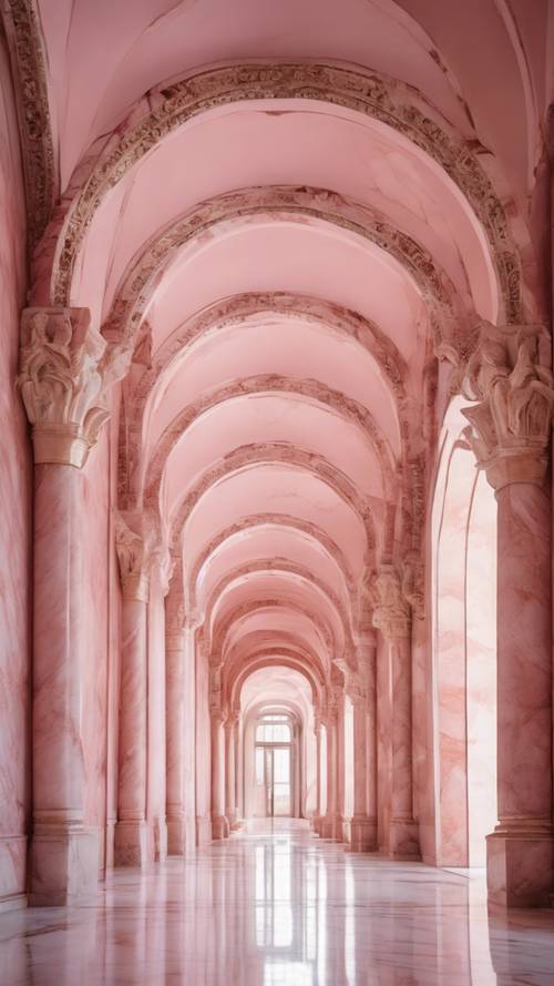 Un gran arco de mármol rosa en un palacio real.