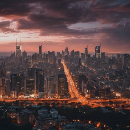 Panorama dramatis cakrawala kota yang berdiri tegak melawan cahaya sekitar matahari terbenam yang memudar menyatu dengan malam.