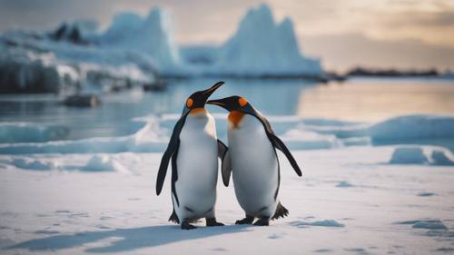 Um casal de pinguins com uma faixa exibindo uma citação de amor: &quot;Meu amor por você é tão frio quanto gelo e tão eterno quanto o Ártico&quot;.