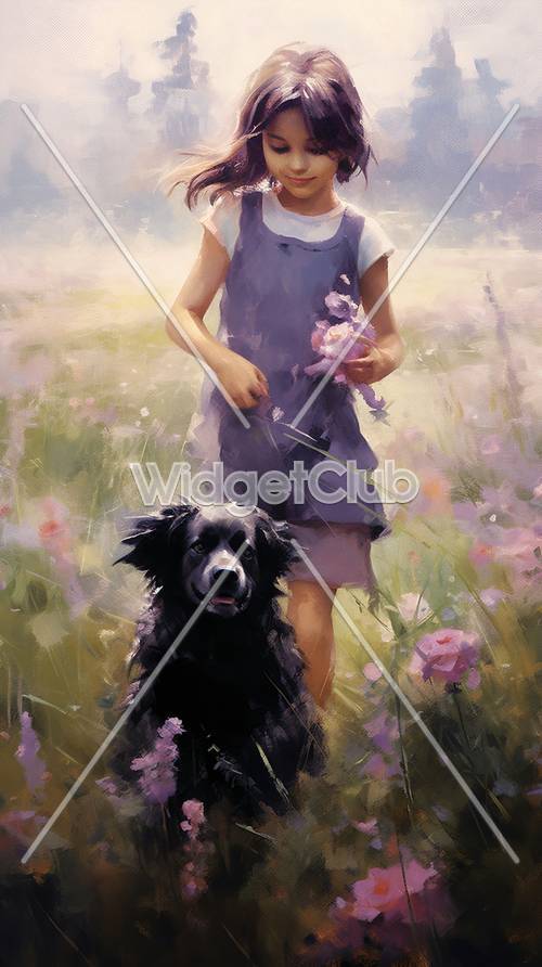 Fille et chien dans un champ de fleurs ensoleillé