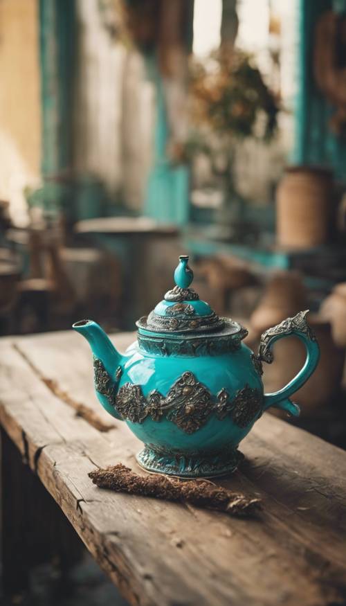 Eine dekorative türkisfarbene Teekanne auf einem rustikalen Holztisch.