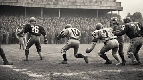 A vintage black and white photo of an early football game