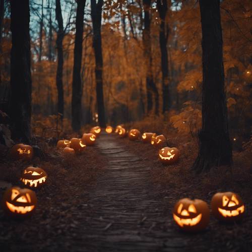 A moonlit path through a forest decorated with glowing jack-o'-lanterns