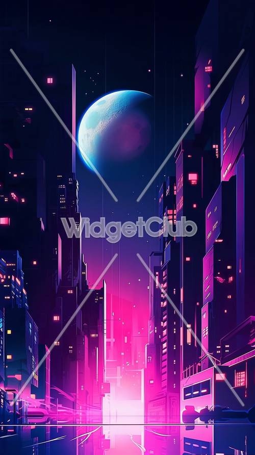 Neon City Under a Giant Moon Wallpaper[73aec608f48e49e790ba]