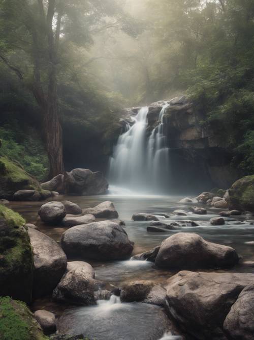 A gentle waterfall cascading over rocks, with the words 'As the deer pants for the water' inscribed in the mist.