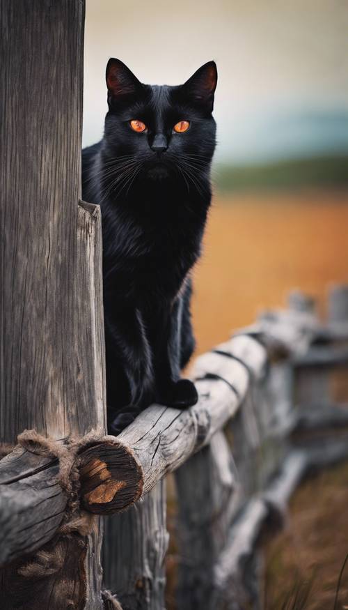 A black cat with vibrant orange eyes sitting on an old wooden fence.