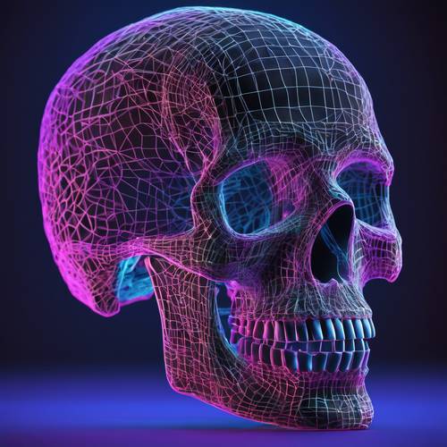 A 3D wireframe design of a human skull, colored with neon blue and purple hues against a dark background.