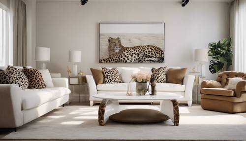 Una sala de estar elegante con un sofá con estampado de leopardo en medio de muebles blancos
