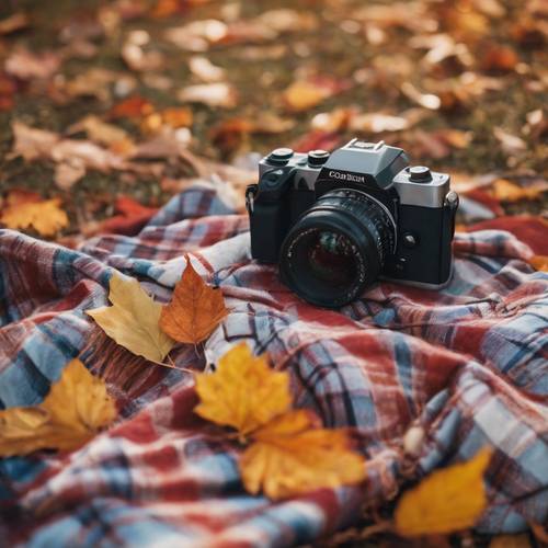 Ein Picknick im Boho-Stil im Park im Herbst: Auf dem Boden liegt eine karierte Decke, auf der viele bunte Blätter verstreut sind.