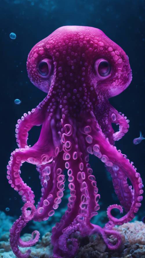 Eine Unterwassererkundung mit einem magentafarbenen Oktopus, der durch tiefes azurblaues Wasser wirbelt.