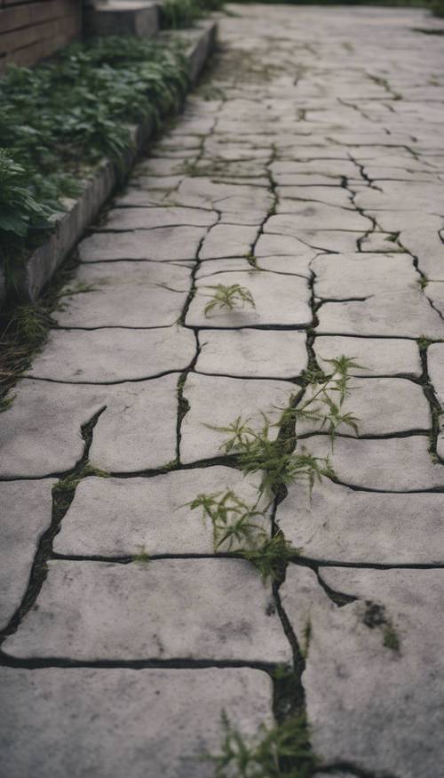 Padrão de concreto tipo pavimento com pequenas rachaduras e crescimento de ervas daninhas.