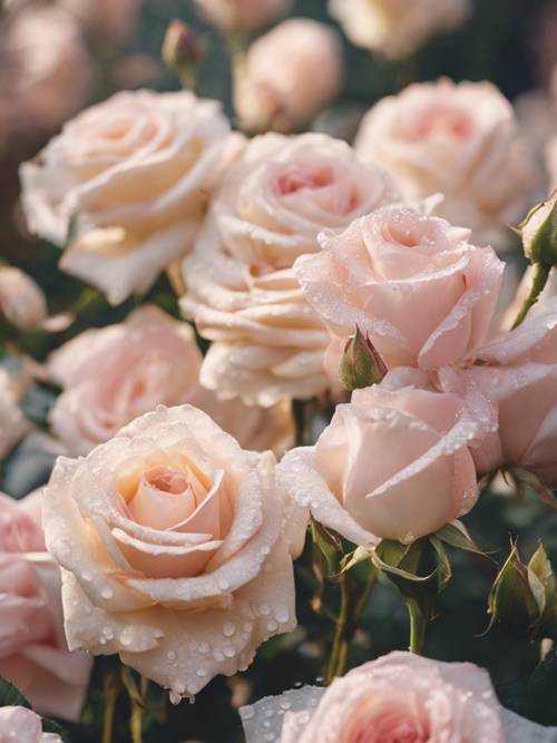옅은 핑크색과 크림색의 꽃잎으로 가득 찬 스타일리시하고 프레피한 장미로, 그 위에 이슬방울이 남아 있습니다.