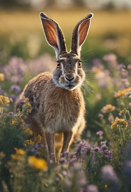 A sprightly jackrabbit frolicking in a meadow with wildflowers, under the early morning summer sun. Kertas dinding [4e65900e623b4b0da7ec]